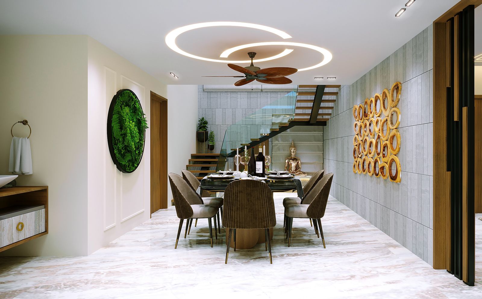 Modern dining room with elegant lighting